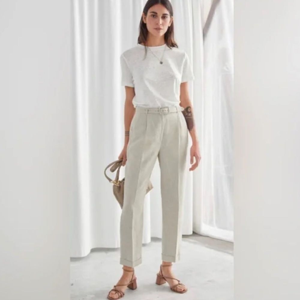 & Other Stories Linen belted trousers size 2 high waisted minimalist beige
